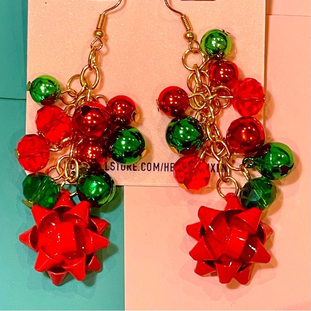 Vintage Chrismtas Gift wrap Bow & Bell Charm Necklace Bracelet Drop Earrings Set - Picture 5 of 7